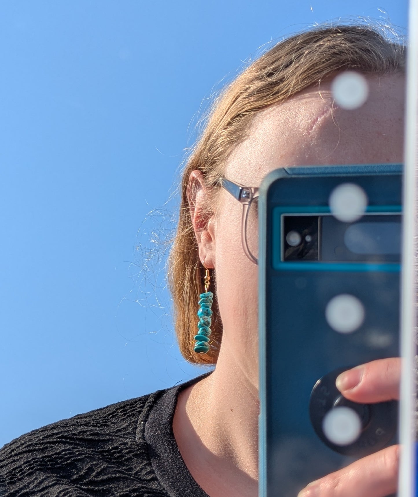 Faux Turquoise Chip Earrings- Gold 2in