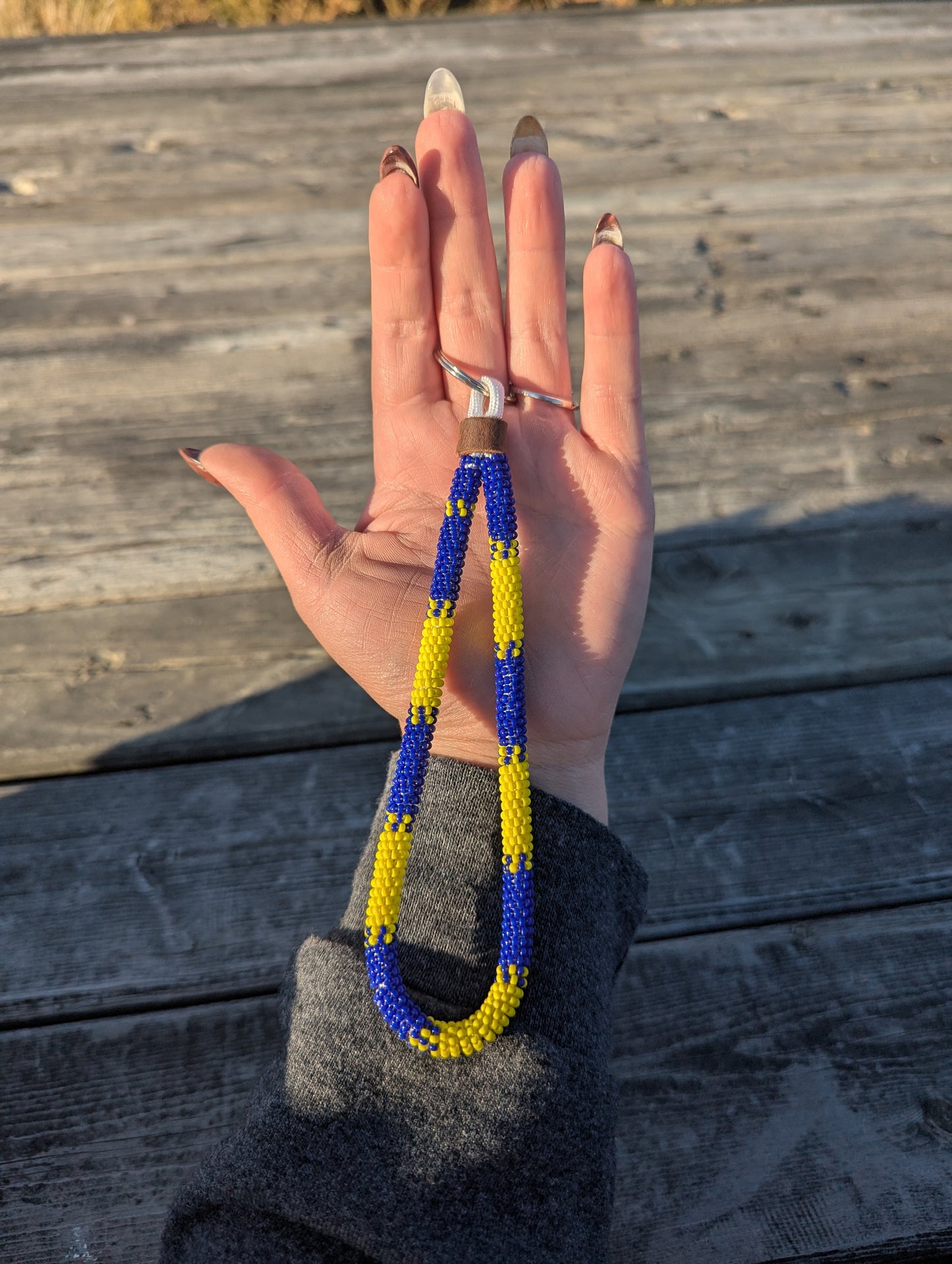 Blue and Yellow Beaded Wristlet Keychain