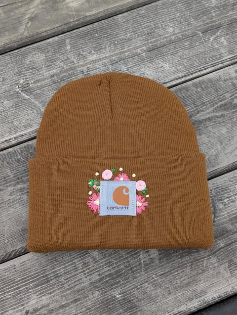 Hand Embroidered Flower Carhartt Beanie-Adult Brown