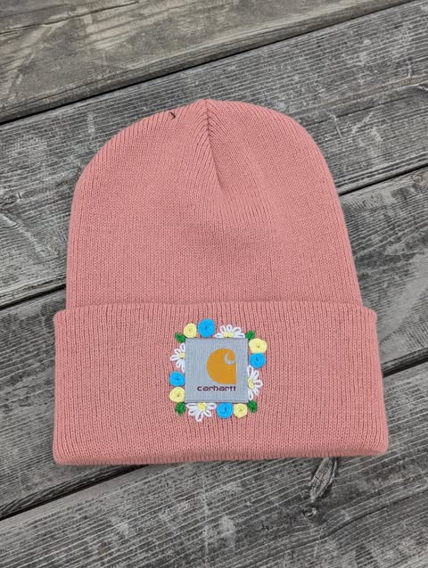 Hand Embroidered Flower Carhartt Beanie-Adult Rose Tint