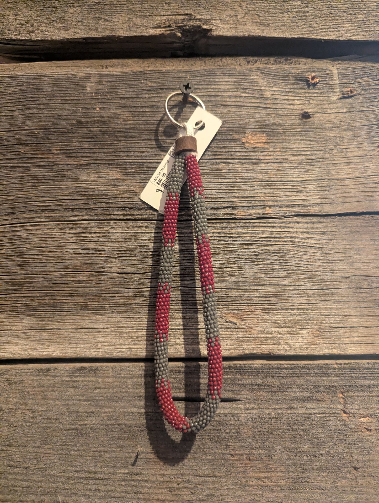 Maroon and Grey Beaded Wristlet Keychain