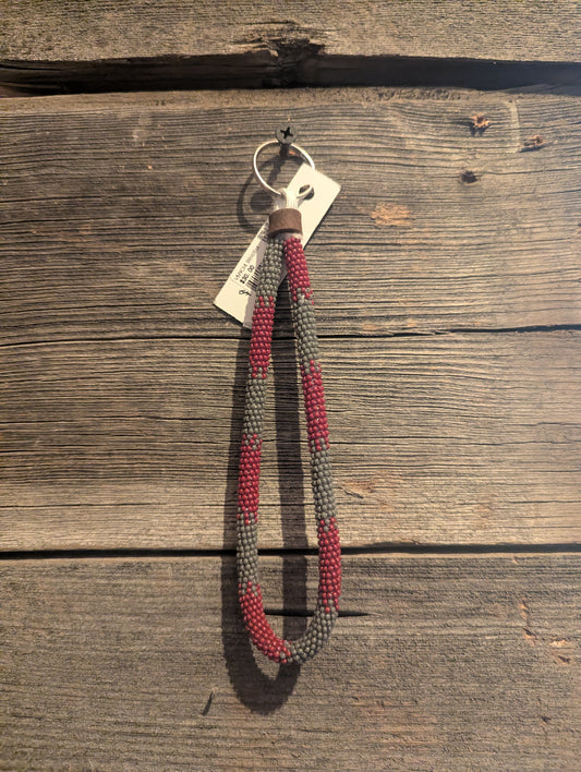 Maroon and Grey Beaded Wristlet Keychain