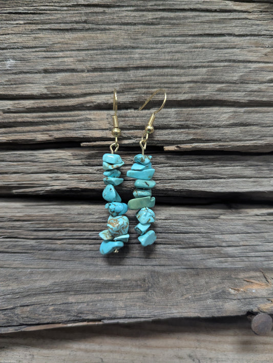 Faux Turquoise Chip Earrings- Gold 1.5in