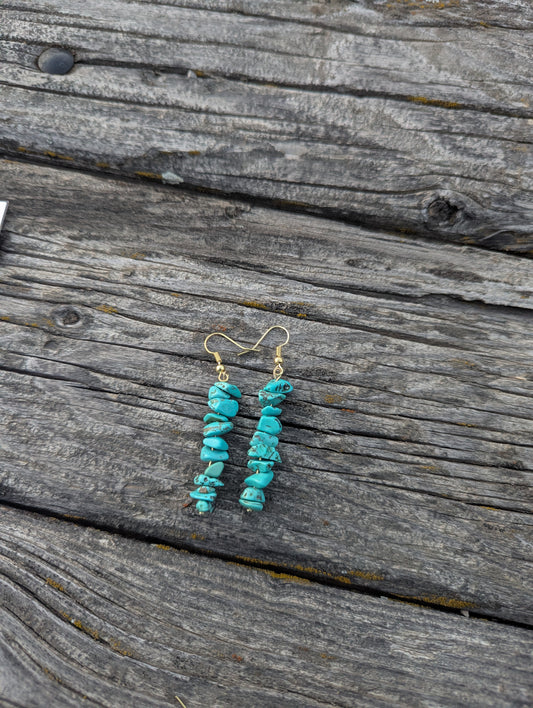 Faux Turquoise Chip Earrings- Gold 2in