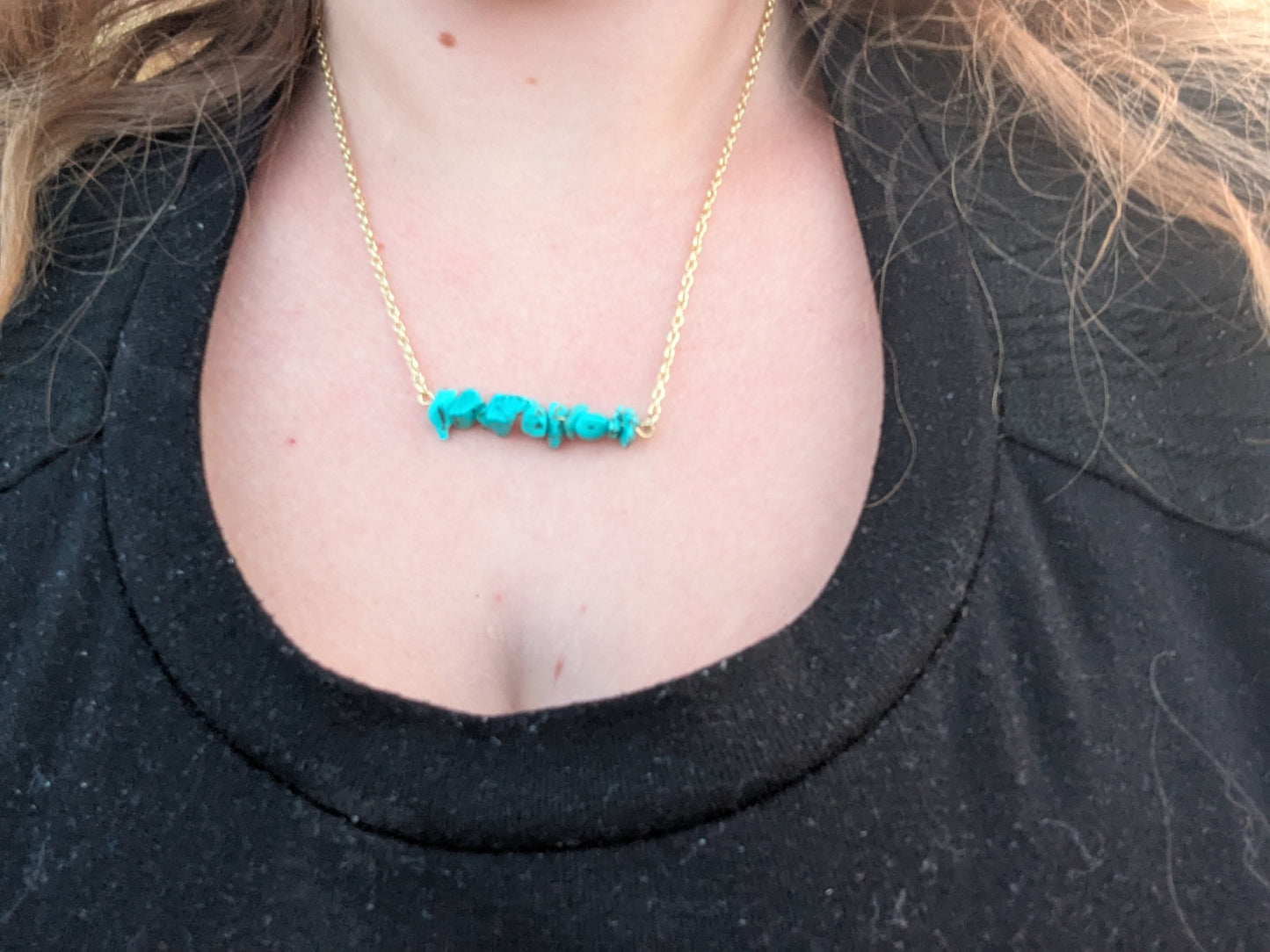 Faux Turquoise Bar Necklace- Gold 18 in