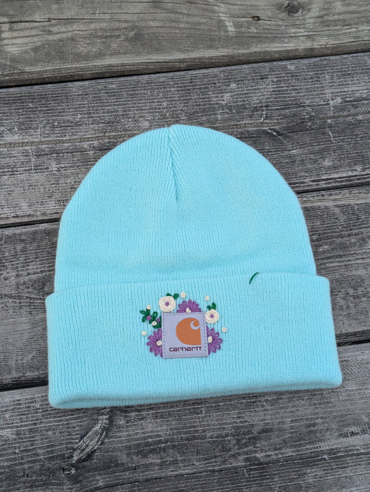 Hand Embroidered Flower Carhartt Beanie- Child Aruba Blue