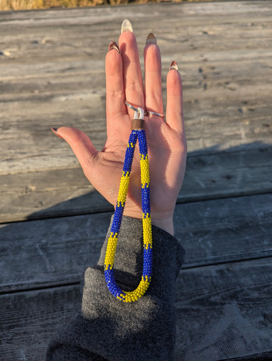 Blue and Yellow Beaded Wristlet Keychain