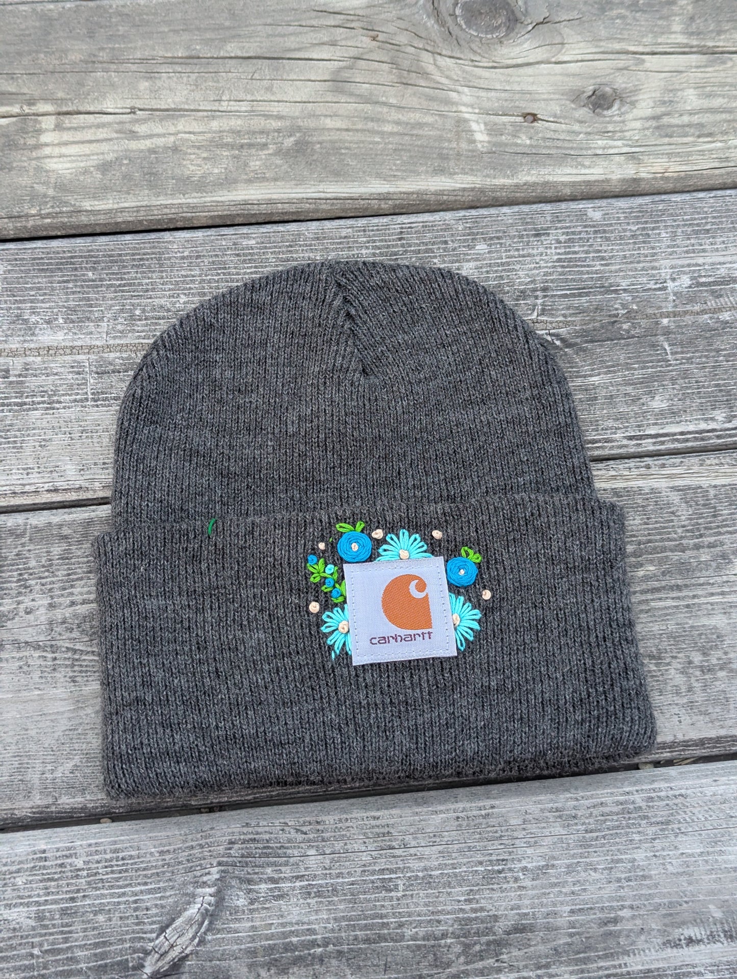 Hand Embroidered Flower Carhartt Beanie-Adult Gray