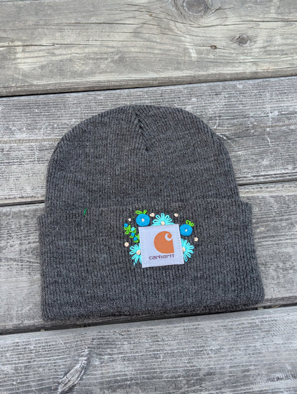 Hand Embroidered Flower Carhartt Beanie-Adult Gray