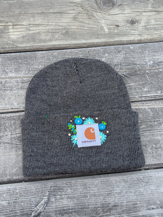 Hand Embroidered Flower Carhartt Beanie-Adult Gray