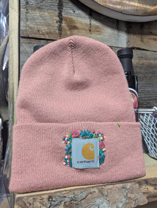 Hand Embroidered Flower Carhartt Beanie-Adult Pink