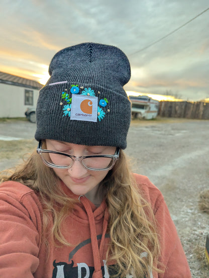 Hand Embroidered Flower Carhartt Beanie-Adult Gray
